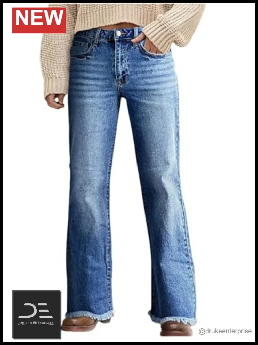 Vintage Wash Mid Waist Raw Hem Bootcut Stretch Jeans Women Casual Flared Denim
